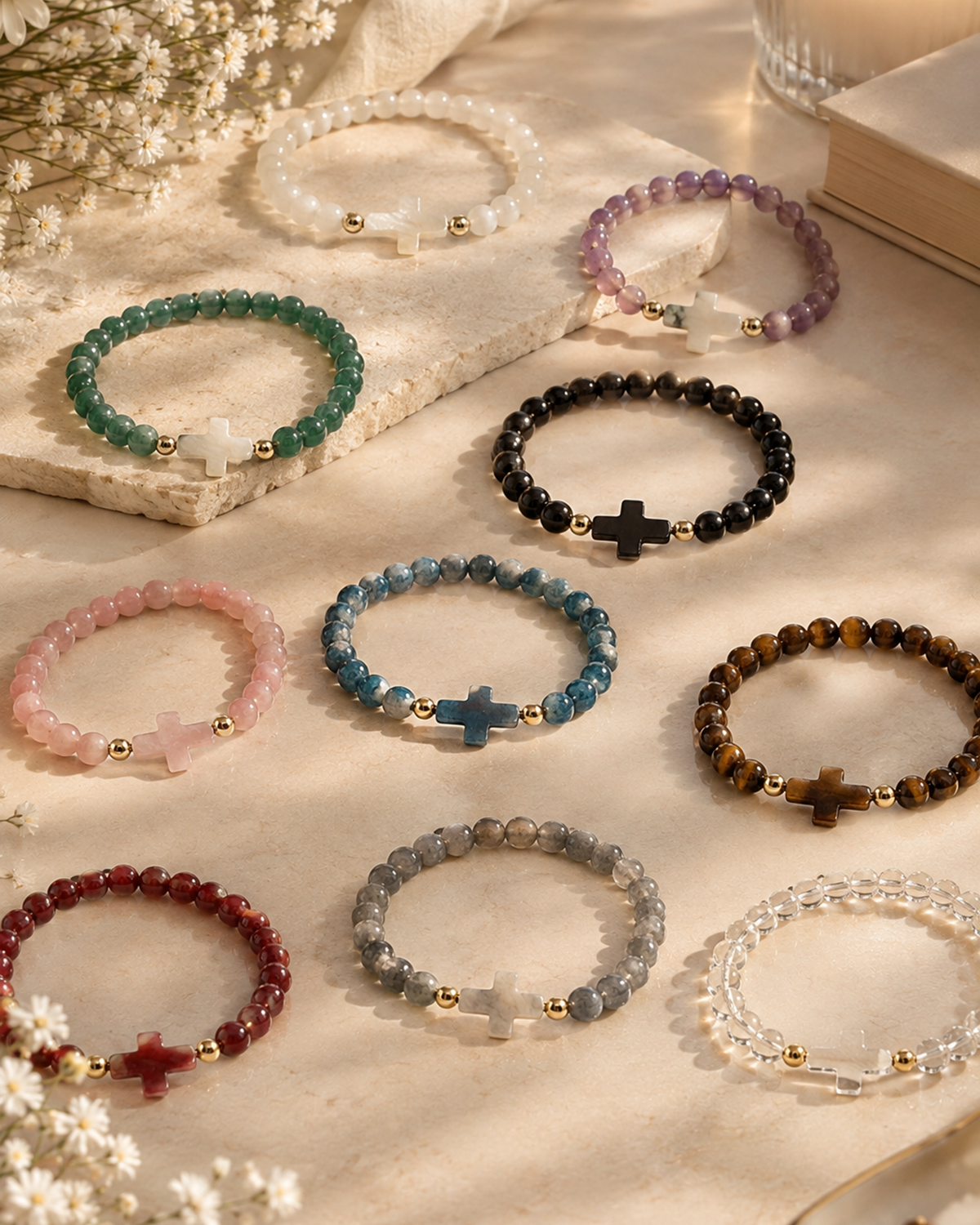 Collection de bracelets religieux en pierres naturelles avec croix en nacre