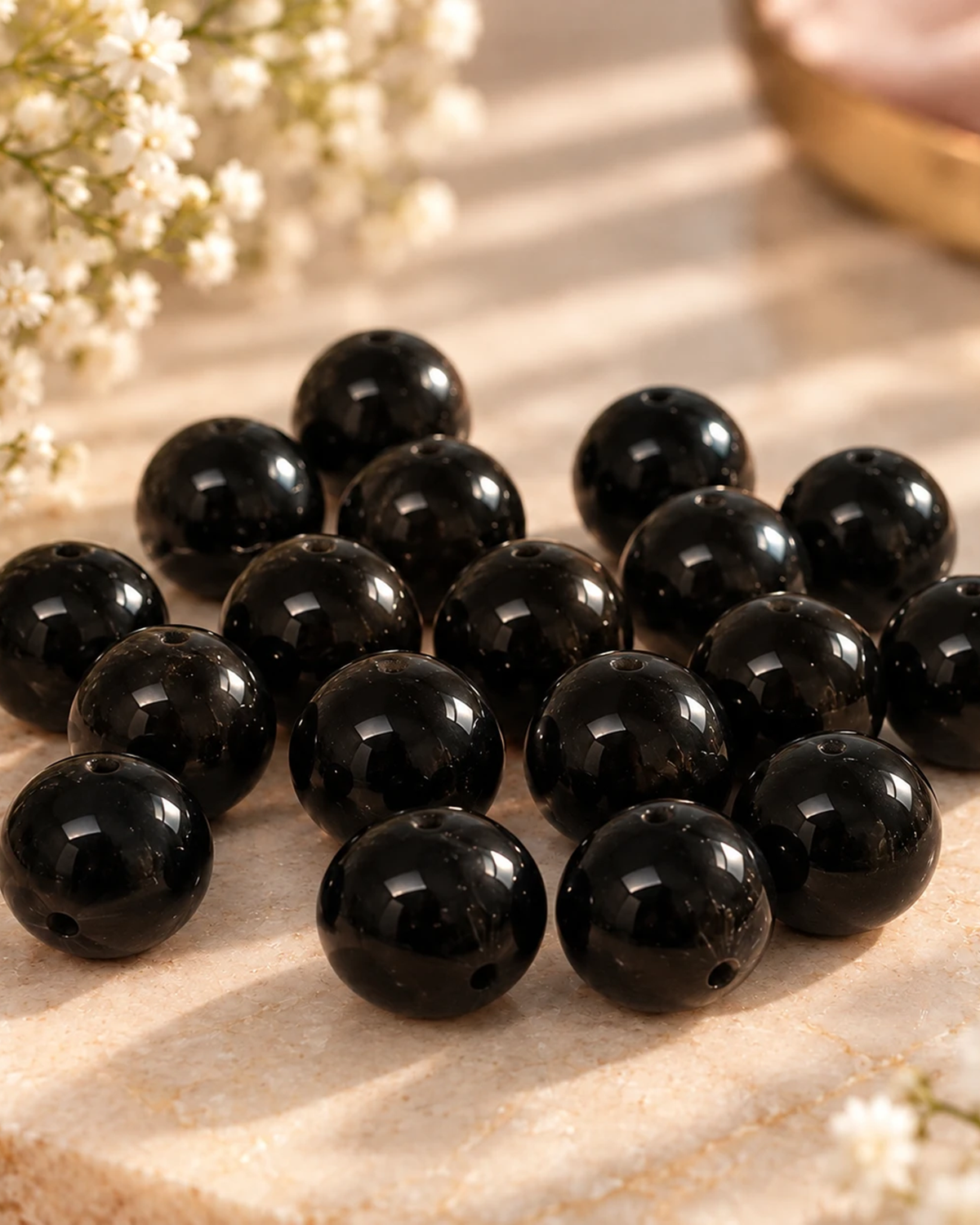 Perles rondes noires en pierre naturelle, diamètre 5 mm