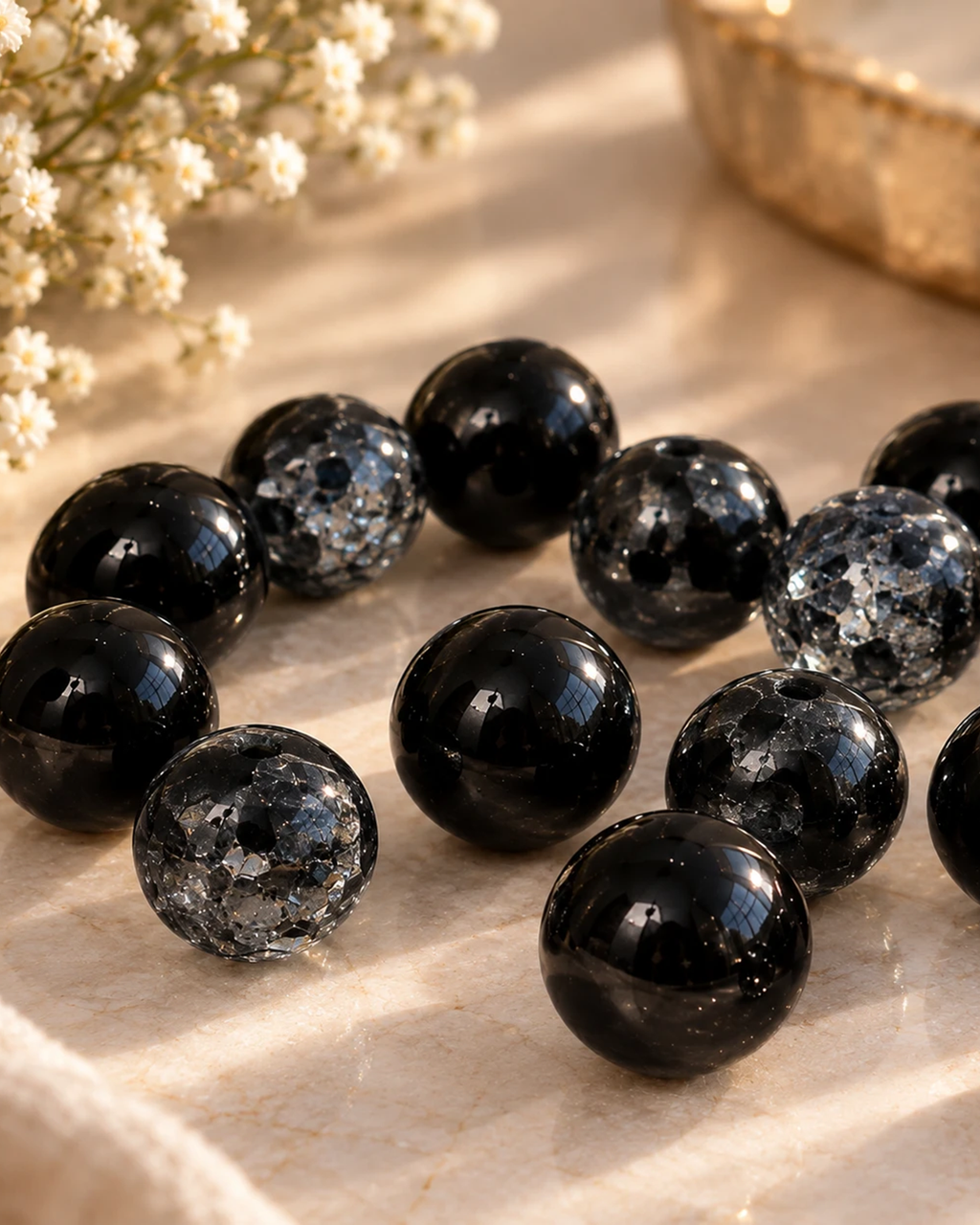 Perles rondes noires et à éclats de cristal, diamètre 8 mm