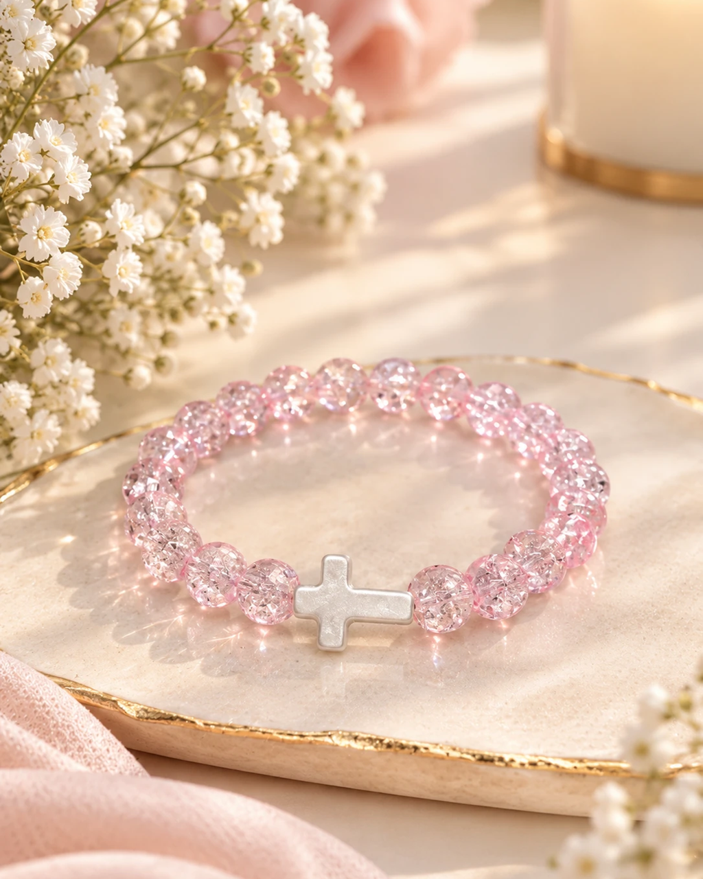 Bracelet en perles roses éclat cristal avec croix blanche