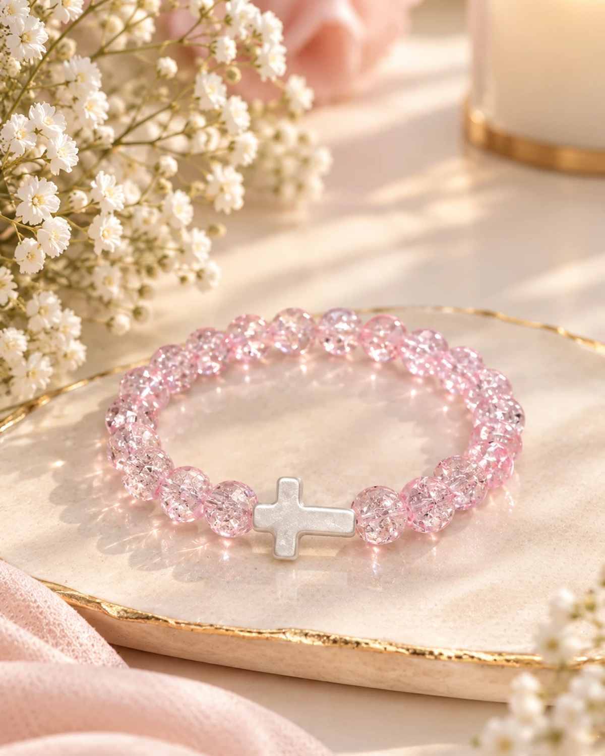 Bracelet en perles roses éclat cristal avec croix blanche