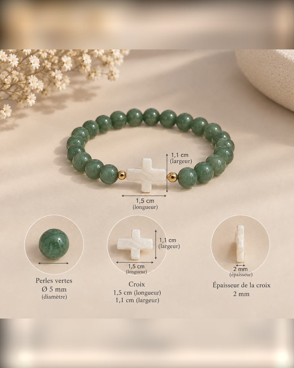 Dimensions du bracelet vert et doré : perle 5 mm, croix 1,5 x 1,1 cm, épaisseur 2 mm