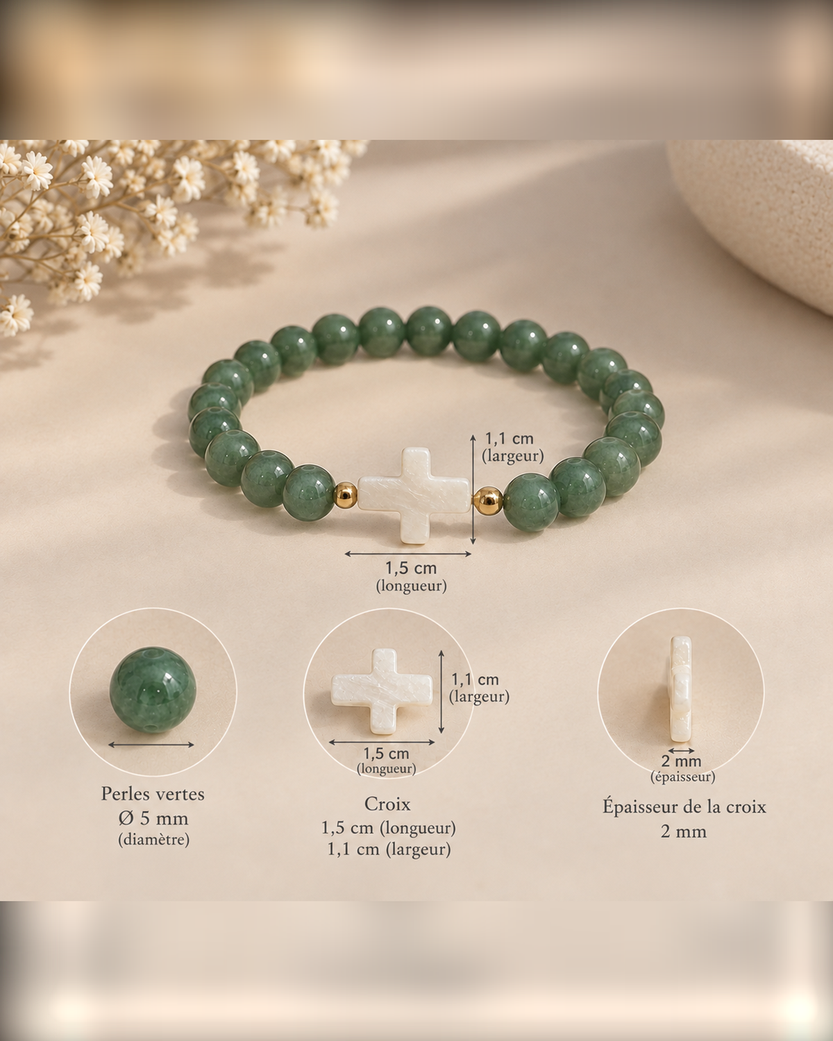 Dimensions du bracelet vert et doré : perle 5 mm, croix 1,5 x 1,1 cm, épaisseur 2 mm